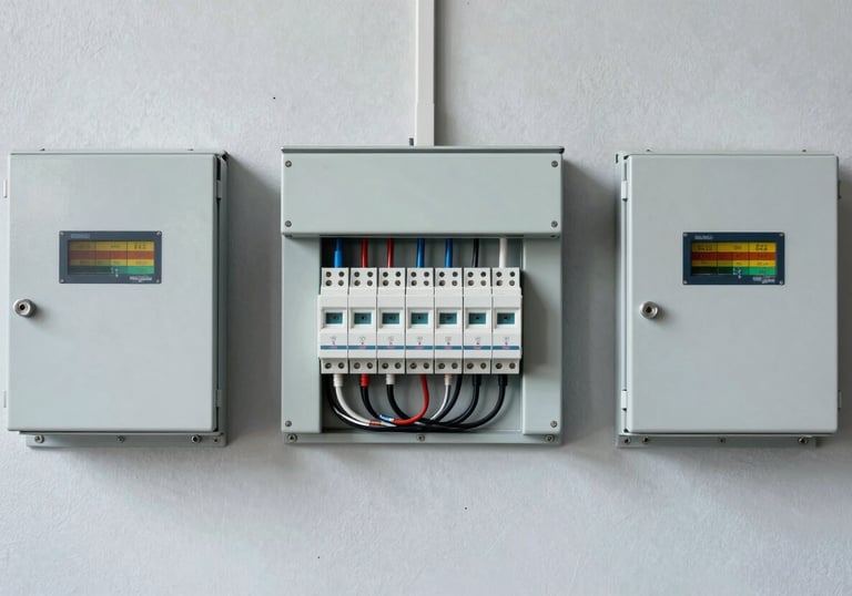 A series of industrial MCB boxes and distribution boards mounted on a clean, light grey textured wall, featuring professional wiring and a clear layout.