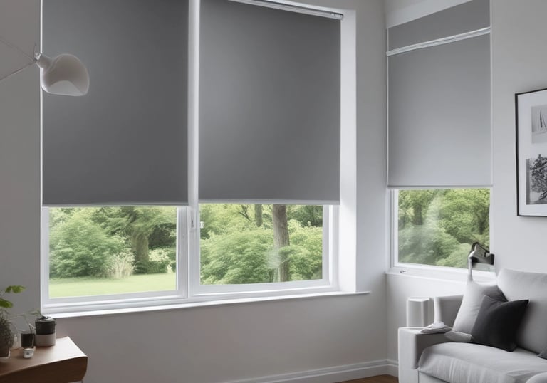 Close-up of elegant fabric blinds filtering soft sunlight in a cozy living room.