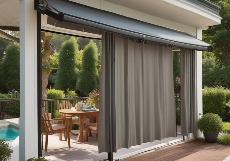 Outdoor patio shaded by a stylish retractable awning on a sunny day.