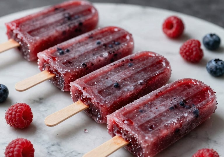 A row of dark red forest fruit popsicles arranged on a marble surface, surrounded by fresh raspberries and blueberries. The lighting is elegant and highlights the icy texture of the artisanal treats.