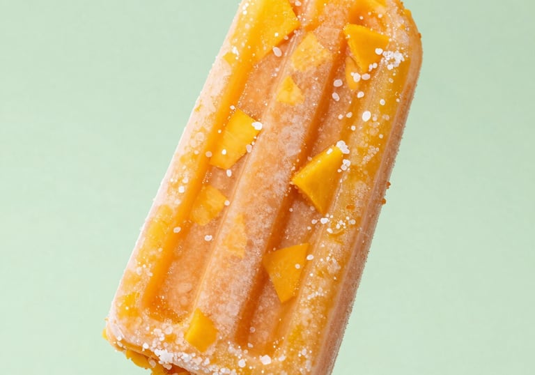 A close-up of a bright orange mango popsicle, with real fruit pieces and a dusting of sea salt, held against a soft light green background. South American summer lighting, crisp and appetizing.