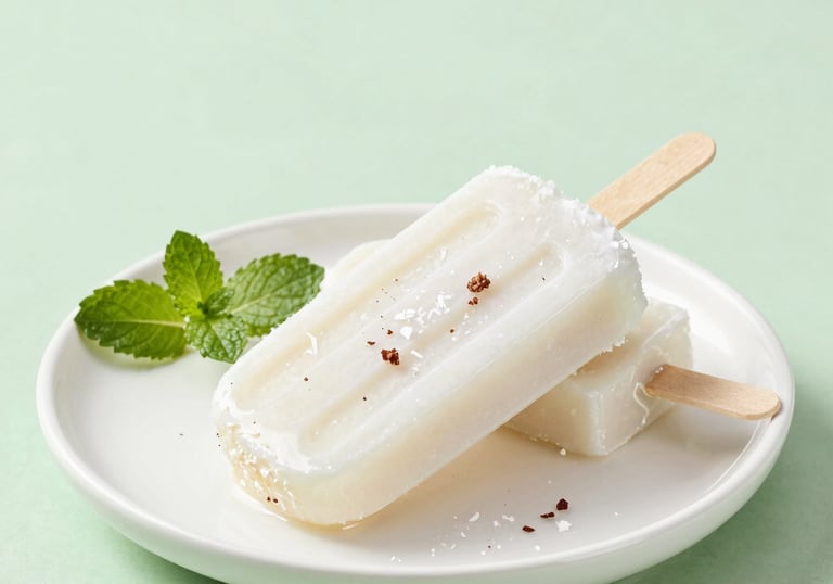 A gourmet coconut milk popsicle with visible shredded coconut pieces, lying on a minimalist white ceramic plate. Beside it is a small branch of green mint. The style is clean and sophisticated, with light green accents in the soft background.