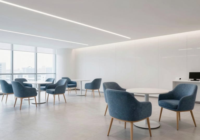 A bright and airy photograph of a modern office lounge area with Slate Blue chairs and clean Cloud White architecture, representing a sophisticated atmosphere.