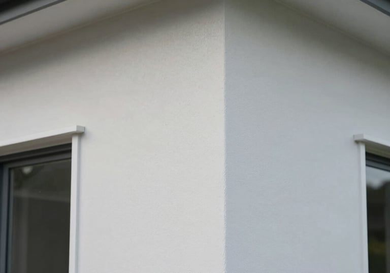 A detailed photography shot of a perfectly finished exterior corner of a modern house in New Zealand, showcasing the smooth paint texture and clean lines.