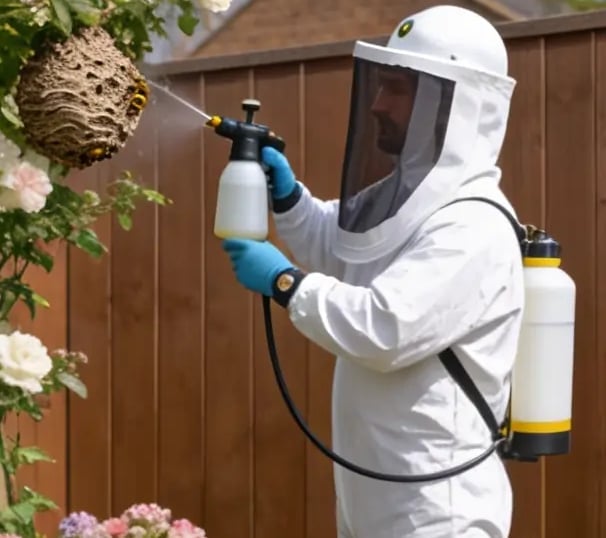 Wasp nest removal expert in a bee suit treating a nest in Holbeach.