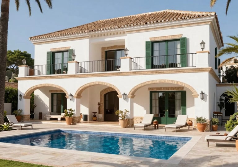 A scenic view of a peaceful Andalusian neighborhood with whitewashed houses and greenery.