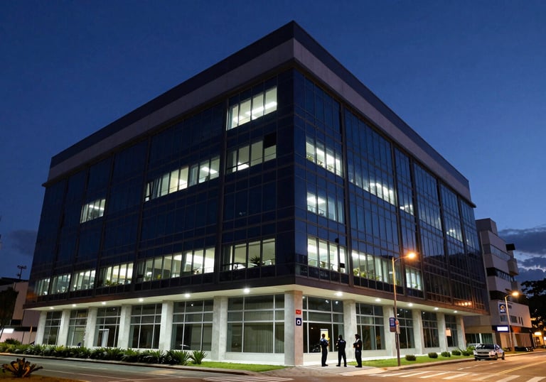 A wide photography shot of a secure, modern Brazilian corporate headquarters at night, with clean architectural lines and professional security presence. Palette of dark navy and steel blue.