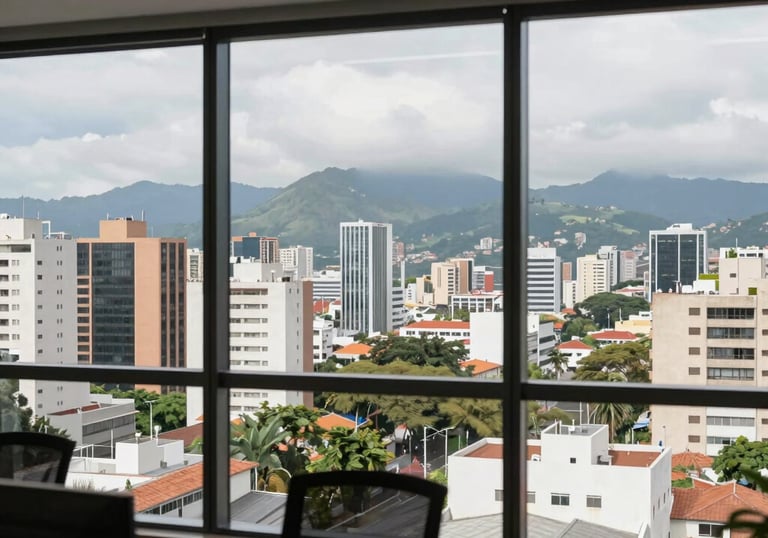 A panoramic view of a professional office space with large windows overlooking a South American urban landscape.