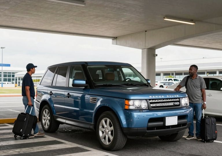 A sleek shuttle van pulling up to an airport terminal with travelers loading luggage.