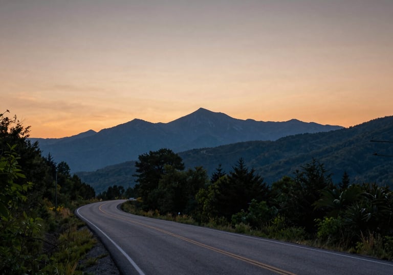 A scenic landscape photography of a winding rural road during sunset, with silhouettes of ancient Appalachian mountains in the distance, North American / US.