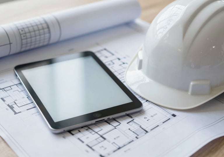 A close-up of a detailed renovation project plan and blueprints next to a modern tablet and a clean hard hat. The composition signifies planning and efficiency, incorporating #263238 and #90A4AE tones in a bright, trustworthy setting.