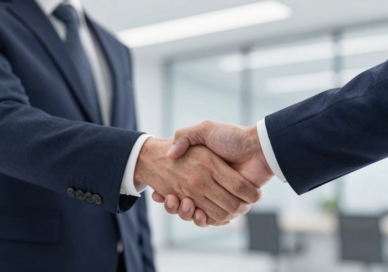 A handshake between two business professionals, capturing a moment of agreement and trust. Elegant attire, blurred modern office background, colors #2B2D42 and #F8F8F8.