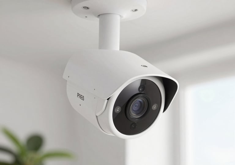 Close-up of a security camera mounted on a wall overlooking a residential area.
