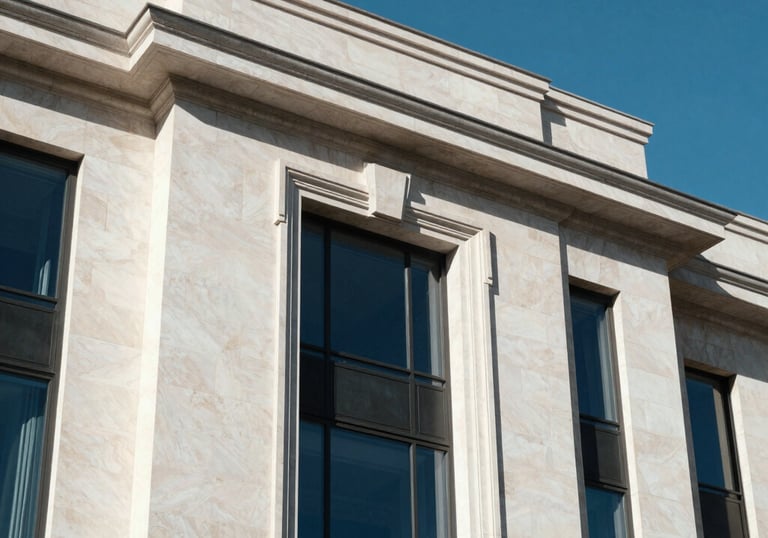 Architectural detail of a luxury European building. Sharp shadows on white stone walls, deep blue glass, and elegant metallic accents under a clear Spanish sky.