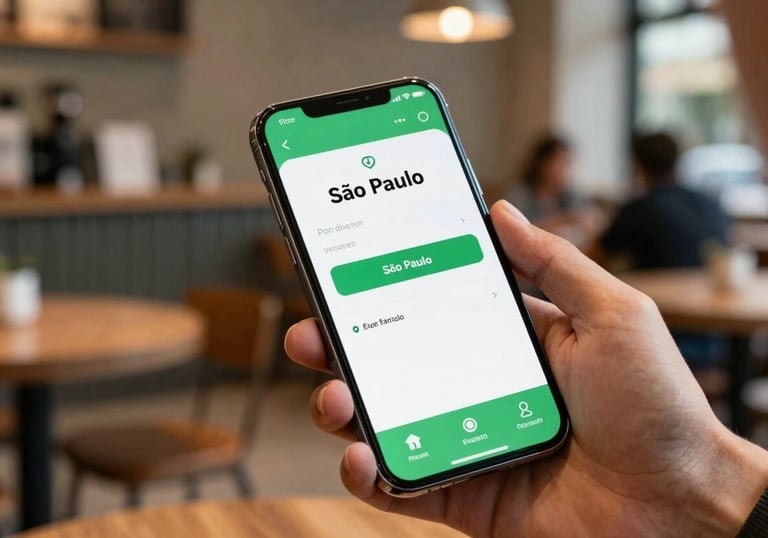 Photography of a person in a modern cafe in São Paulo, using a smartphone with a clean, green and white interface representing a financial application.