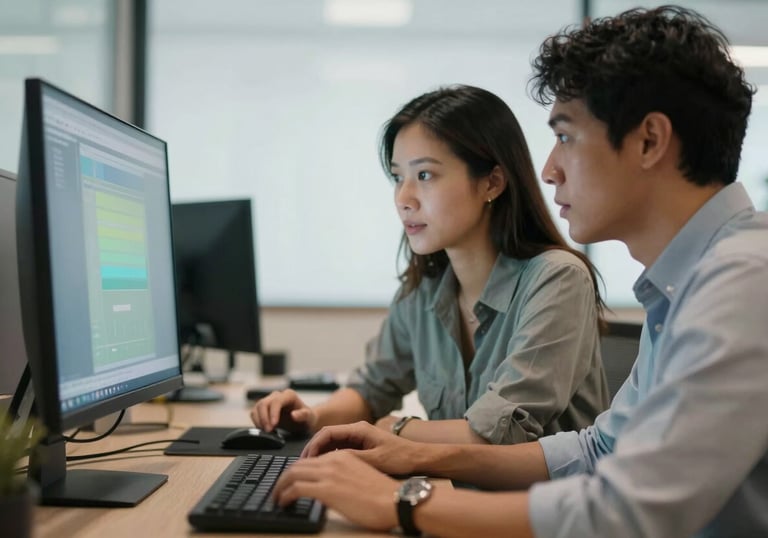 Two professionals collaborating in a bright, modern Brazilian office, looking at a computer screen that reflects soft green and blue lighting.
