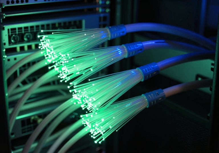 An abstract photographic shot of fiber optic cables glowing in emerald green and deep blue within a server room, symbolizing high-speed data transmission.