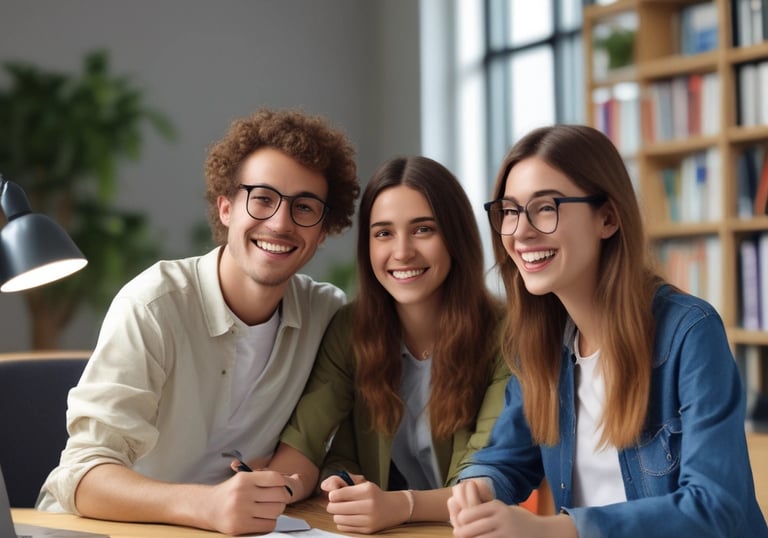 A group of young adults smiling while discussing a book project in a bright room.