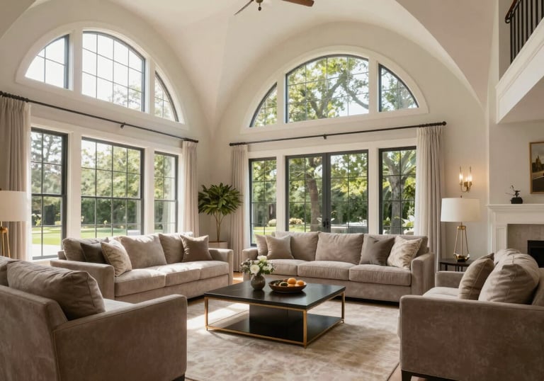 A bright, airy living room in a North American mansion with vaulted ceilings, large windows, and sophisticated taupe furniture arrangements.