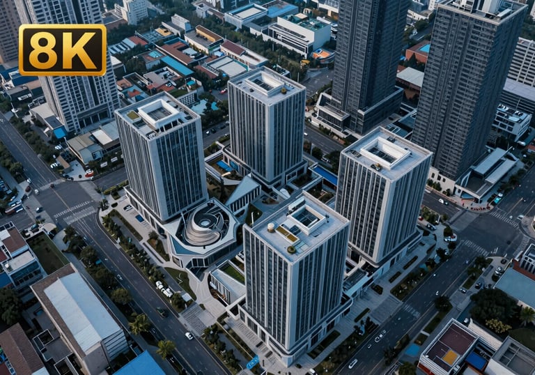 A bird's eye view of a modern urban development project in Indonesia, showing geometric patterns of infrastructure in muted blue tones.
