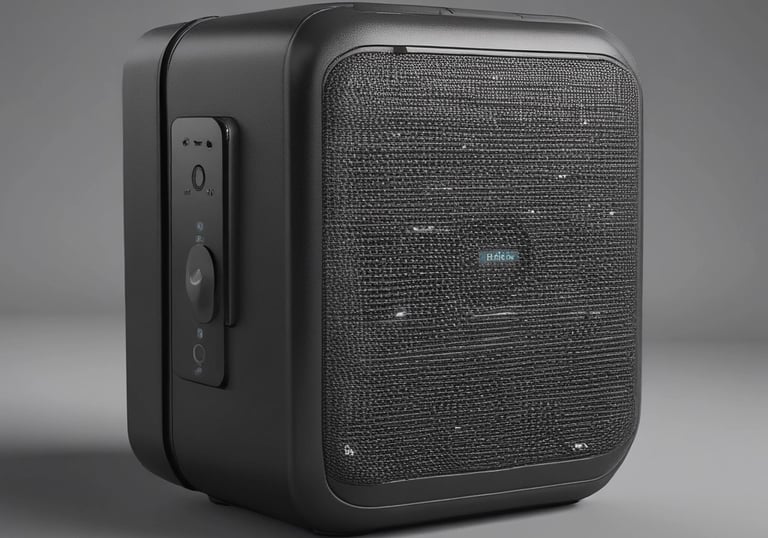 A compact drone hovering over a green park during sunset.