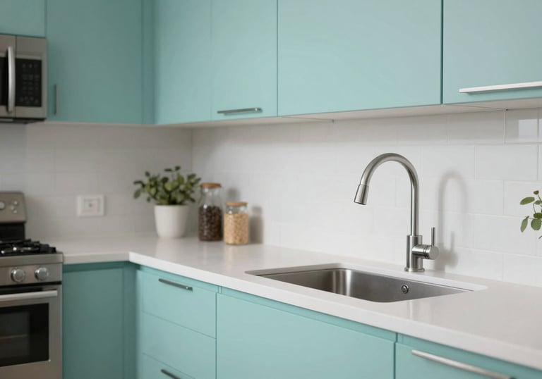Clean photography of a modern North American / US kitchen with soft aqua accents, looking pristine and perfectly maintained, symbolizing safety.