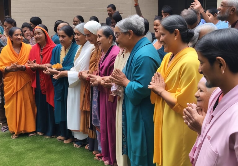 A serene moment of prayer and gratitude shared by beneficiaries and volunteers after a successful community event.