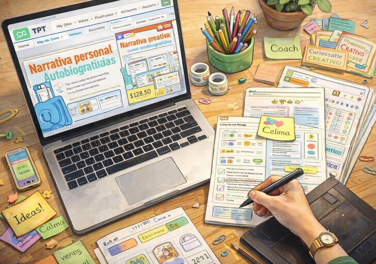 Una docente creando recursos educativos en su computadora y papel parsu tienda CuriosaMente Creativa