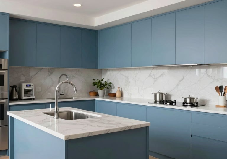 A spotless, pest-free modern North American / US kitchen with bright lighting, emphasizing a clean and healthy environment, slate blue and sky blue accents.