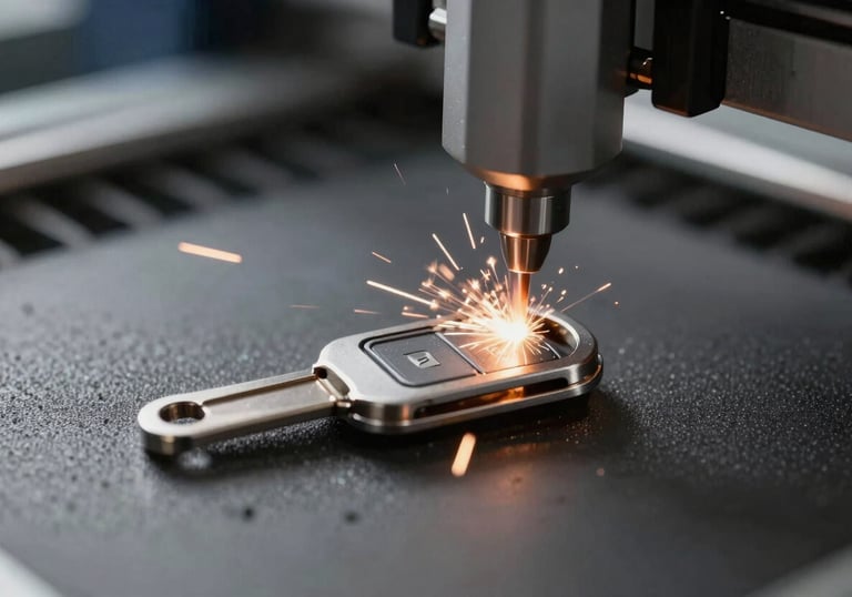 A macro shot of a laser-cutting machine precisely carving the profile of a car key. Sparks are stylized to reflect the professional mood, with a color palette of #0F1419 and metallic #8E9BAF.