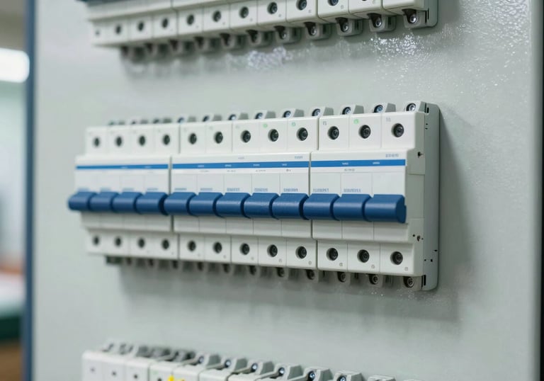 Technical photograph of a neatly labeled electrical distribution board with modern circuit breakers. Indoor Southeast Asian / Malaysian utility space. Lighting is bright and clinical. Colors: Soft Arctic White and Deep Navy Blue.