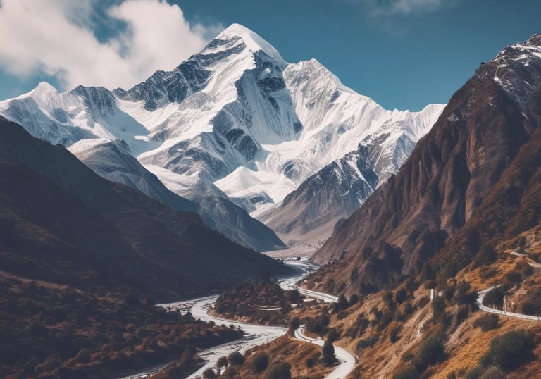 A misty mountain trail winding through lush green forests under a soft morning light.