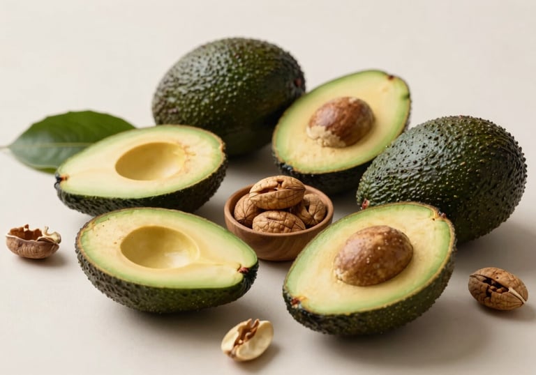 A variety of fresh, healthy ingredients like avocados and nuts arranged elegantly on a soft off-white surface.