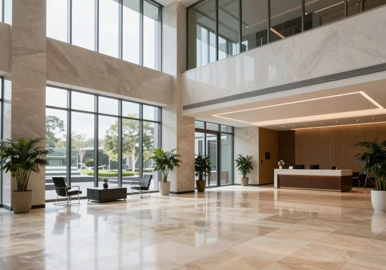 A modern, bright finished interior of a corporate office lobby with large windows, high ceilings, and premium stone flooring, soft lighting.