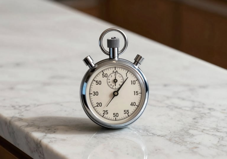 A stopwatch sitting on a sparkling clean kitchen marble countertop, Silver Blue and Soft Off-White tones, symbolizing efficient service.
