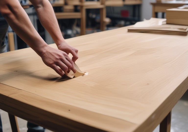 A skilled craftsman carving intricate details on wooden furniture in a bright workshop.