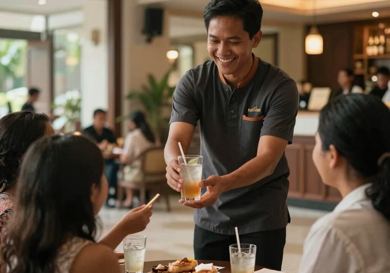 Candid photography of a staff member smiling and offering a refreshing drink to a family in a boutique Indonesian hotel lobby. Warm, friendly atmosphere, cinematic lighting, focused on human connection.