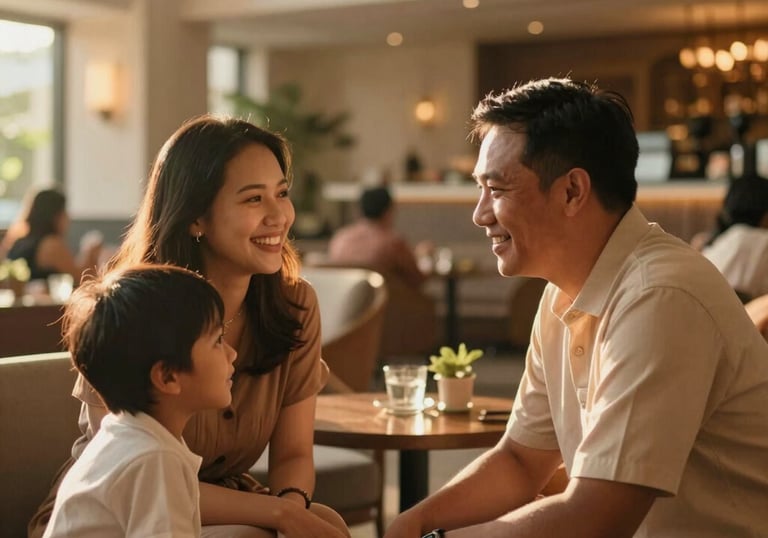 Candid, cinematic photograph capturing a warm and genuine interaction between a Southeast Asian / Indonesian couple or small family in a luxurious yet cozy hotel lounge or restaurant. The focus is on their emotional connection, with natural smiles and comfortable body language. Soft, inviting golden hour light streams into the space, creating a warm, ambient glow. The composition uses the rule of thirds, with the subjects slightly off-center. The elegant hotel decor in the background is subtly blurred, enhancing the intimate atmosphere. The photography style emphasizes warmth, comfort, and high-end hospitality, with warm tones of beige, brown, and soft orange.