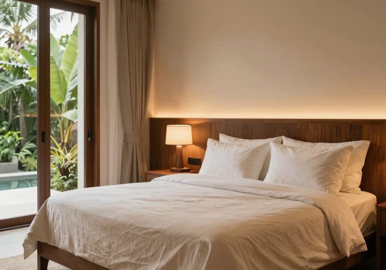 Interior photography of a luxury villa bedroom in Indonesia. Soft sand colored linens, warm ambient lighting, elegant teak wood furniture, and a glimpse of lush greenery through the window. Minimalist and warm, high-end photography.