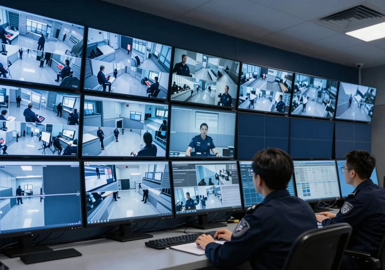A modern security control room in North America / US with a wall of sleek monitors in Ice Blue and Deep Navy tones, displaying sharp security feeds.