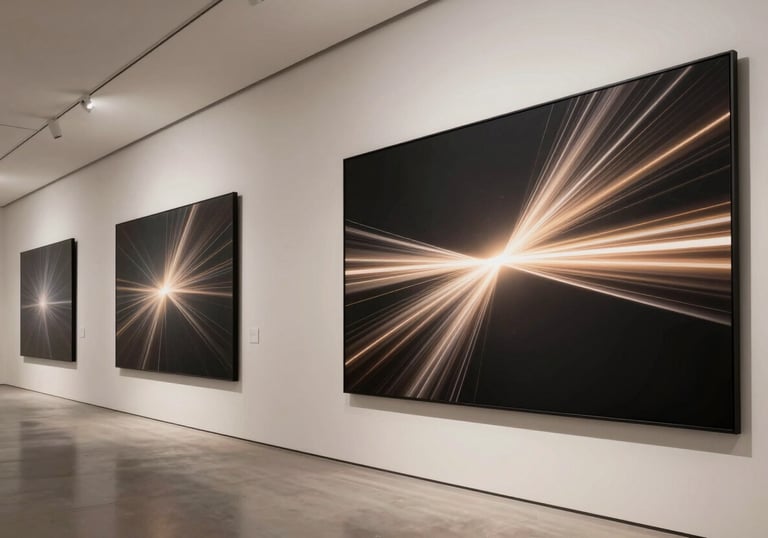 A high-end gallery space with large digital screens displaying elegant abstract light art, off-white walls, and clean architectural lines.