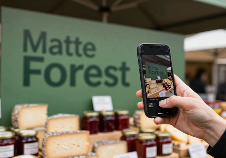 A modern food market stall with Matte Forest Green signage. A hand is seen holding a smartphone, capturing a photo of artisanal cheeses and Deep Ripe Crimson jams.