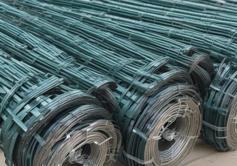 Image showing pvc-coated wire mesh with vibrant green color in outdoor setting.