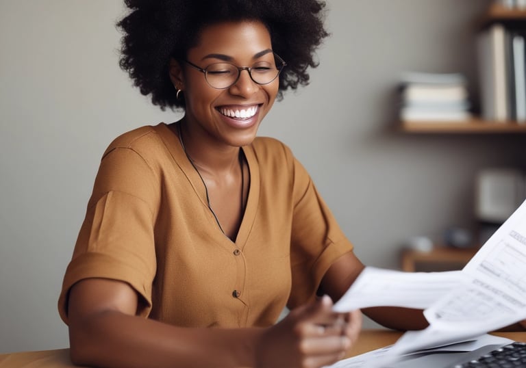 Friendly tax professional reviewing documents with a smiling client in a cozy office.