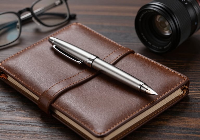 A high-quality photo of a sleek, silver fountain pen resting on a leather-bound planner next to a pair of glasses on a dark wood desk.