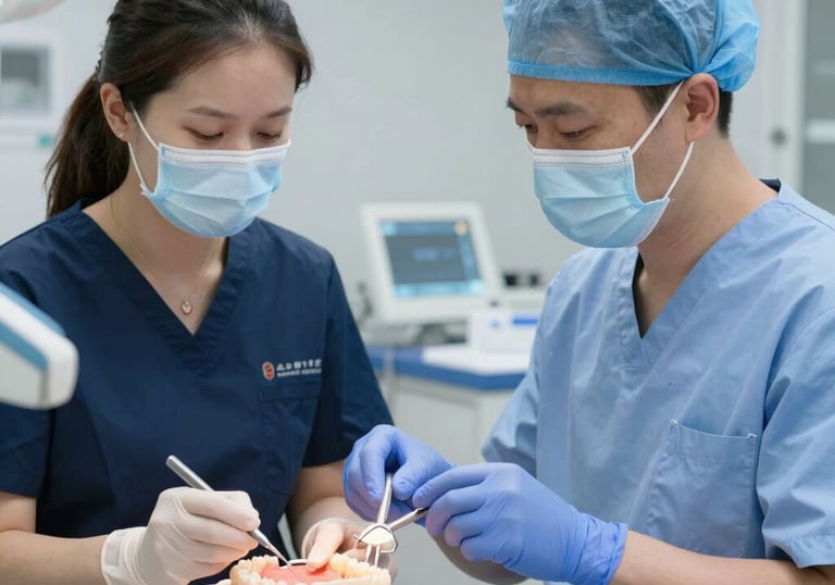 Close-up of a dentist examining a patient's teeth with a digital scanner in a bright clinic.
