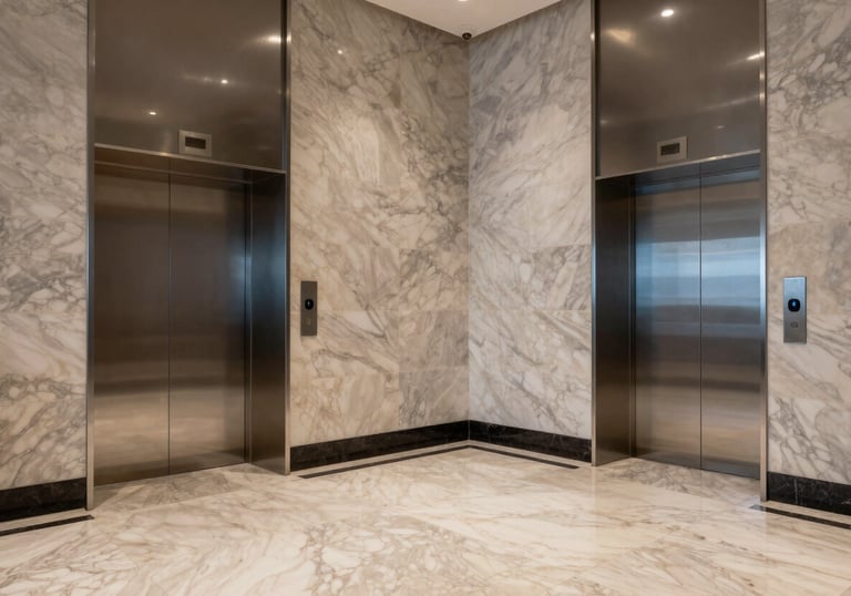 A wide shot of a modern building lobby with marble floors and silver elevator banks in a South American / Colombian city, high-end professional look.