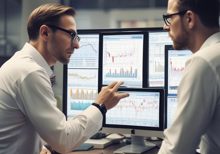 A consultant presenting market data charts to a small group in a modern office.
