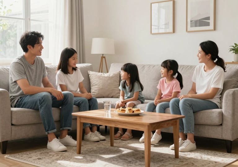 A happy family relaxing in a perfectly cooled North American / US living room. The atmosphere is bright, crisp, and comfortable.