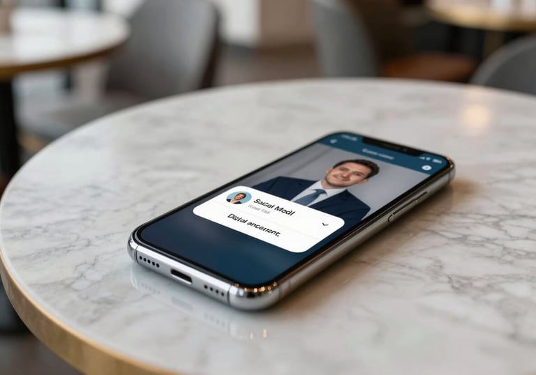 A smartphone resting on a marble table in a bright North American cafe, showing a social media engagement notification with a professional aesthetic. The style is modern, airy, and highlights digital connectivity.